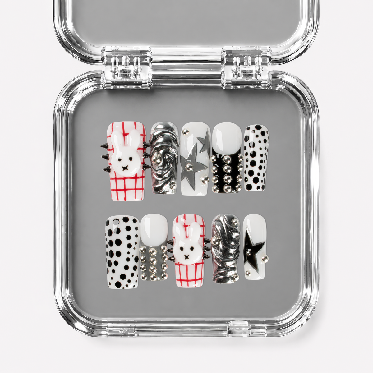 PRETTY LITTLE CHAOS, square press-on nails, medium length, 3D, chrome, polka dots, view 1