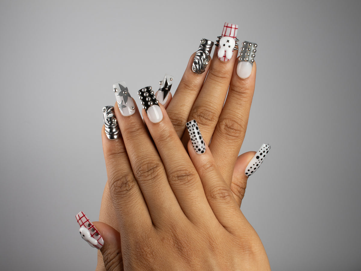 PRETTY LITTLE CHAOS, square press-on nails, medium length, 3D, chrome, polka dots, view 6