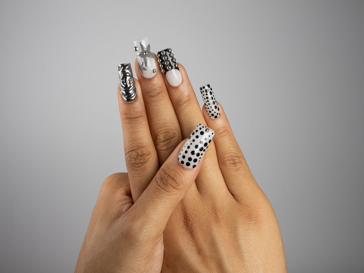 PRETTY LITTLE CHAOS, square press-on nails, medium length, 3D, chrome, polka dots, view 8