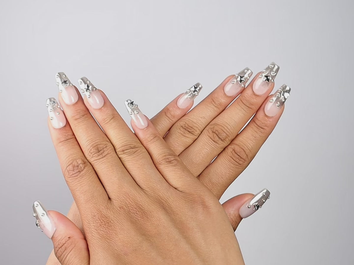 UNDERSTUDY, coffin press-on nails, medium length, 3D, chrome, video