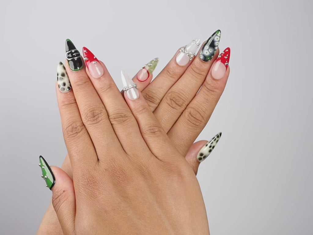 VEIL, stiletto press-on nails, medium length, 3D, animal print, French tip, video