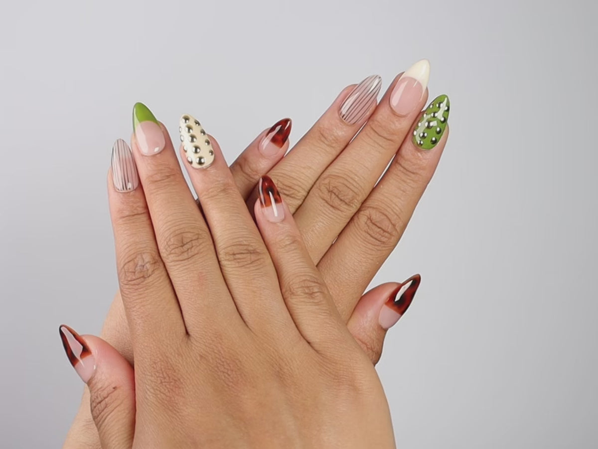 HAZELNUT, almond press-on nails, medium length, 3D, animal print, French tip, video