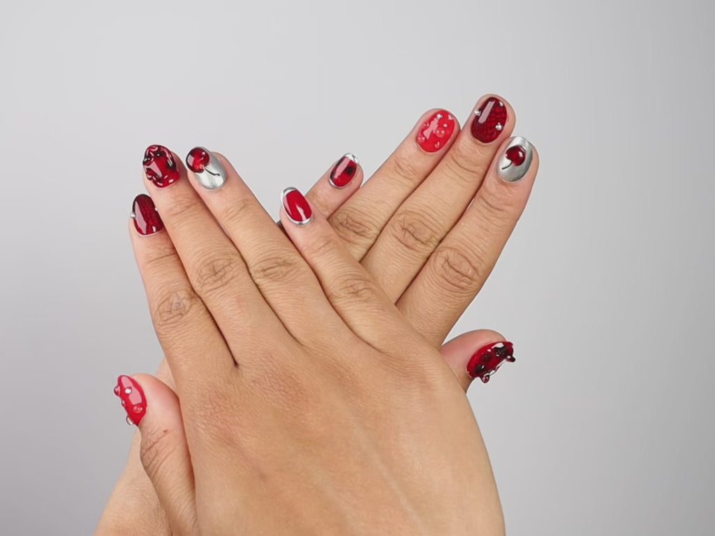 CHERRY FICTION, round press-on nails, short length, 3D, chrome, video