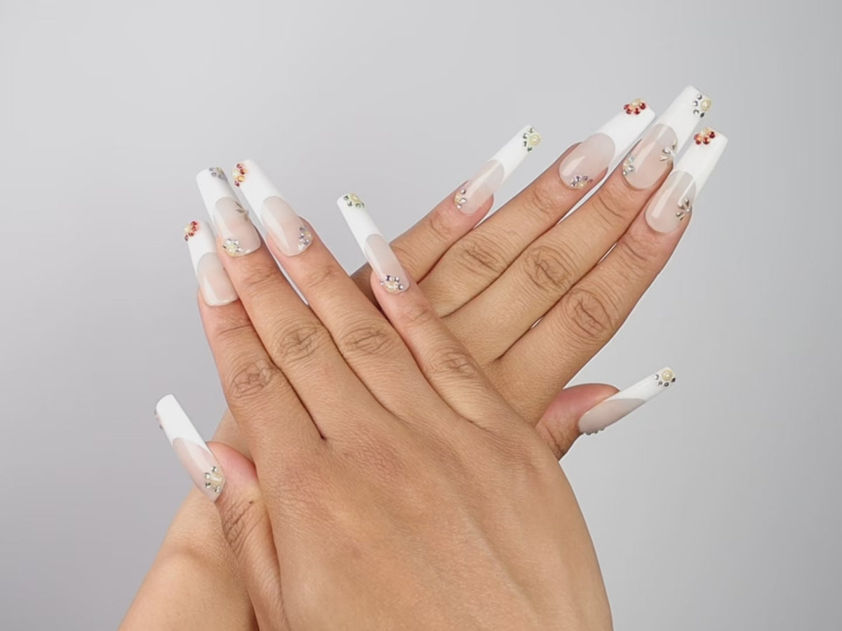 PRECIOUS, square press-on nails, long length, 3D, French tip, video