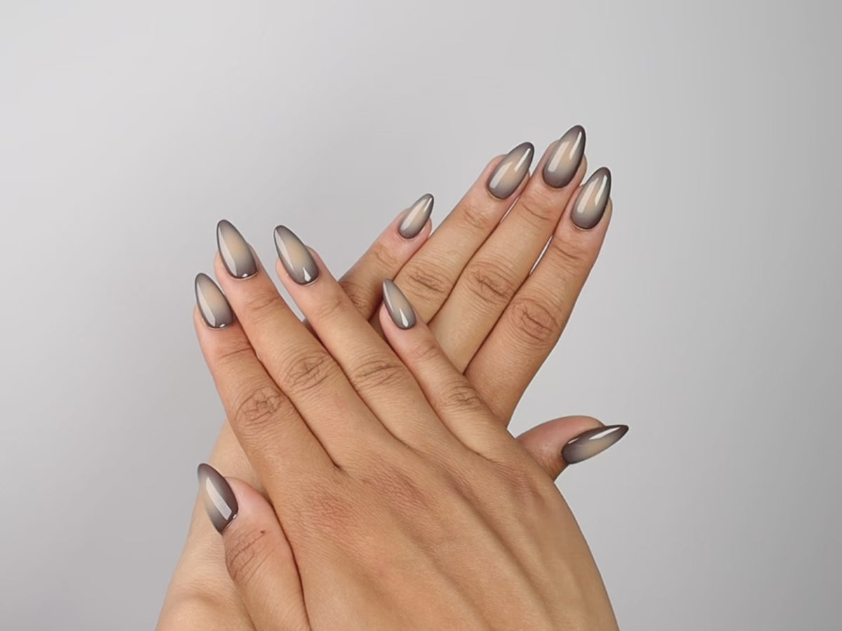 CONFIDENTIAL, almond press-on nails, medium length, fade, video