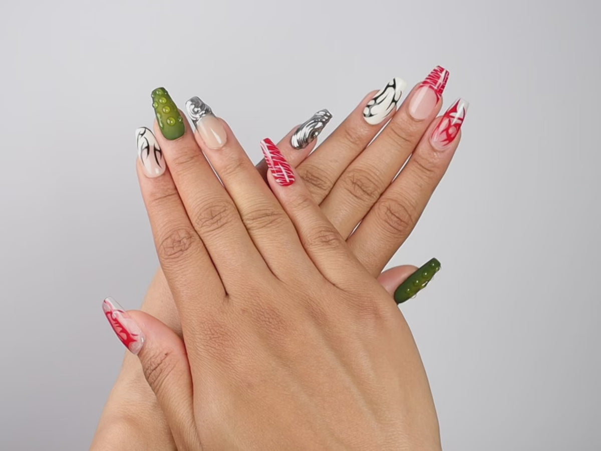 MOSH PIT, coffin press-on nails, medium length, 3D, chrome, video