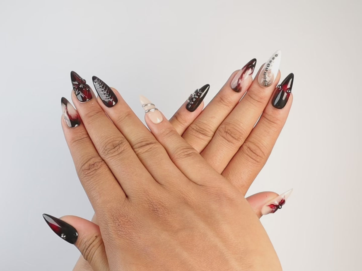 TILL DEATH, stiletto press-on nails, medium length, 3D, video