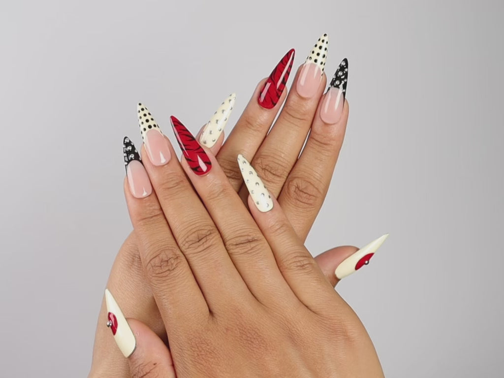FINAL NOTICE, stiletto press-on nails, long length, 3D, animal print, French tip, polka dots, video
