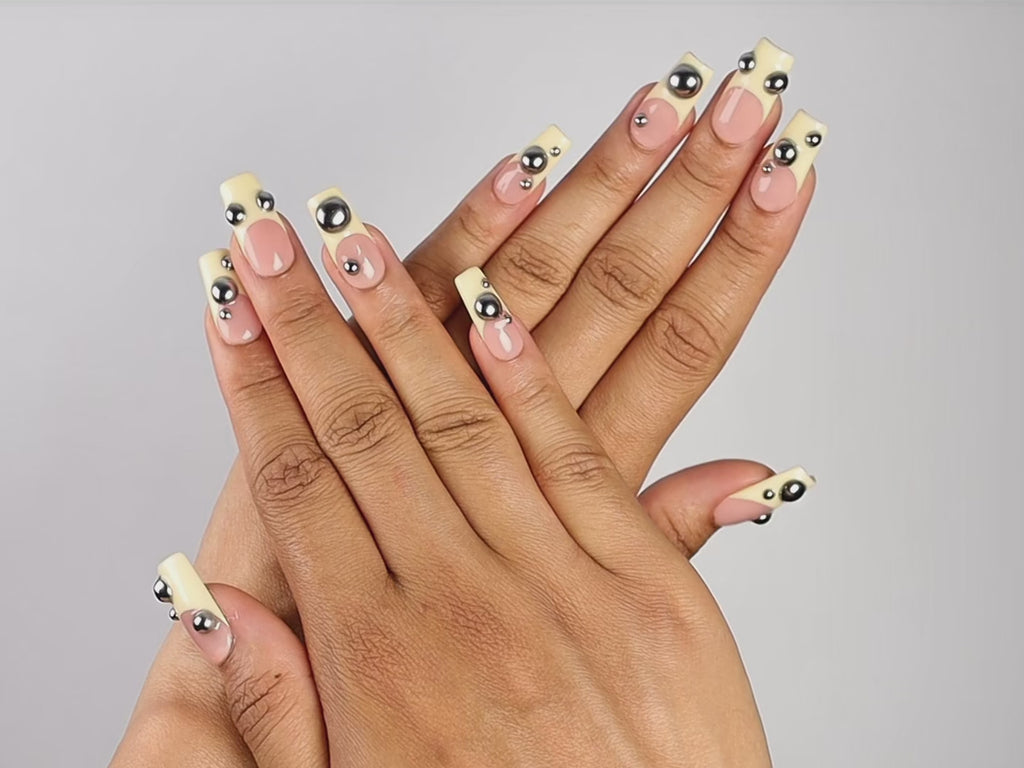 PINBALL, square press-on nails, medium length, 3D, French tip, video