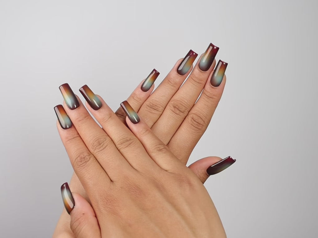 VELVET MIRAGE, square press-on nails, medium length, fade, video