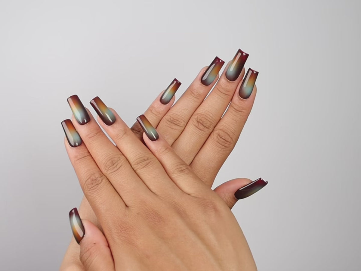 VELVET MIRAGE, square press-on nails, medium length, fade, video