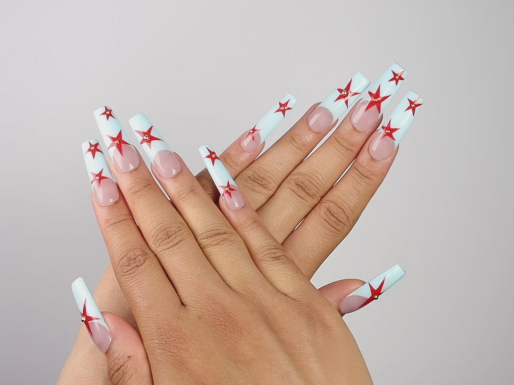 HALO, square press-on nails, long length, French tip, video