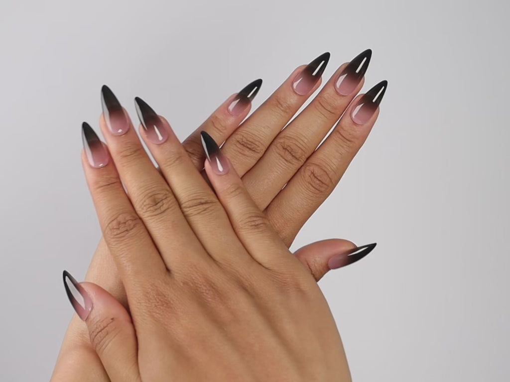 FADE OUT, stiletto press-on nails, medium length, fade, video