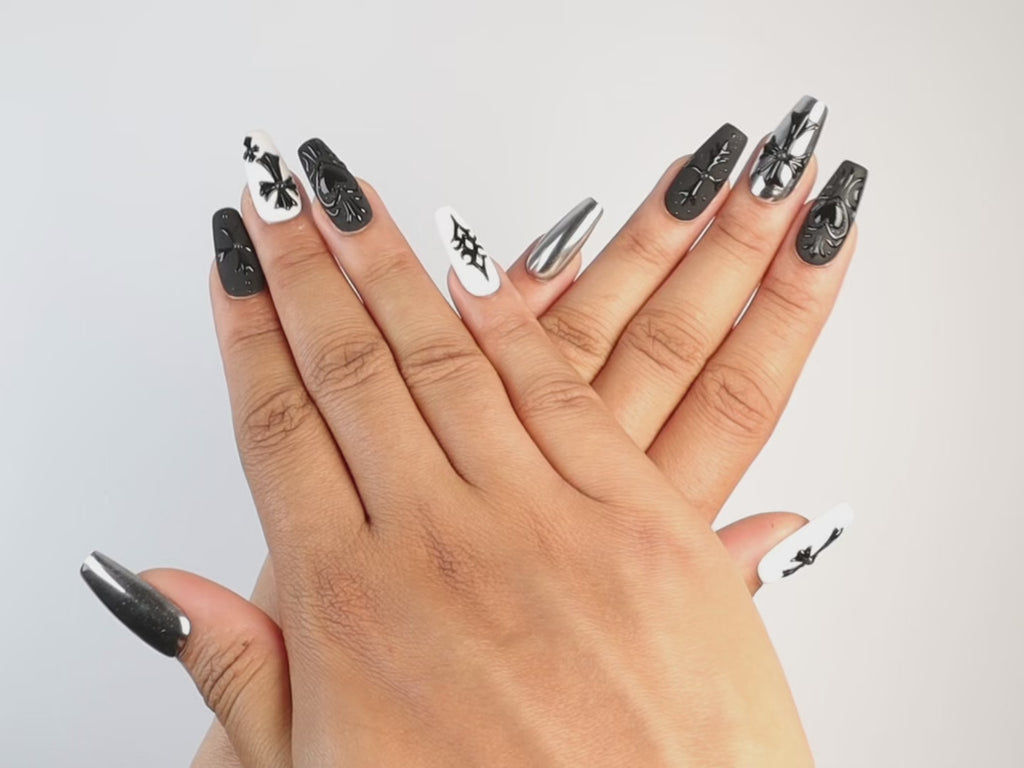 DARK DEVOTION, coffin press-on nails, medium length, 3D, chrome, video
