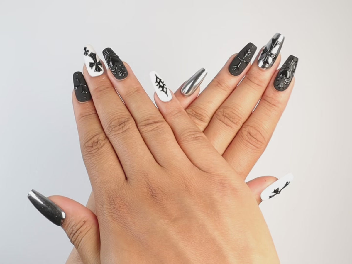 DARK DEVOTION, coffin press-on nails, medium length, 3D, chrome, video