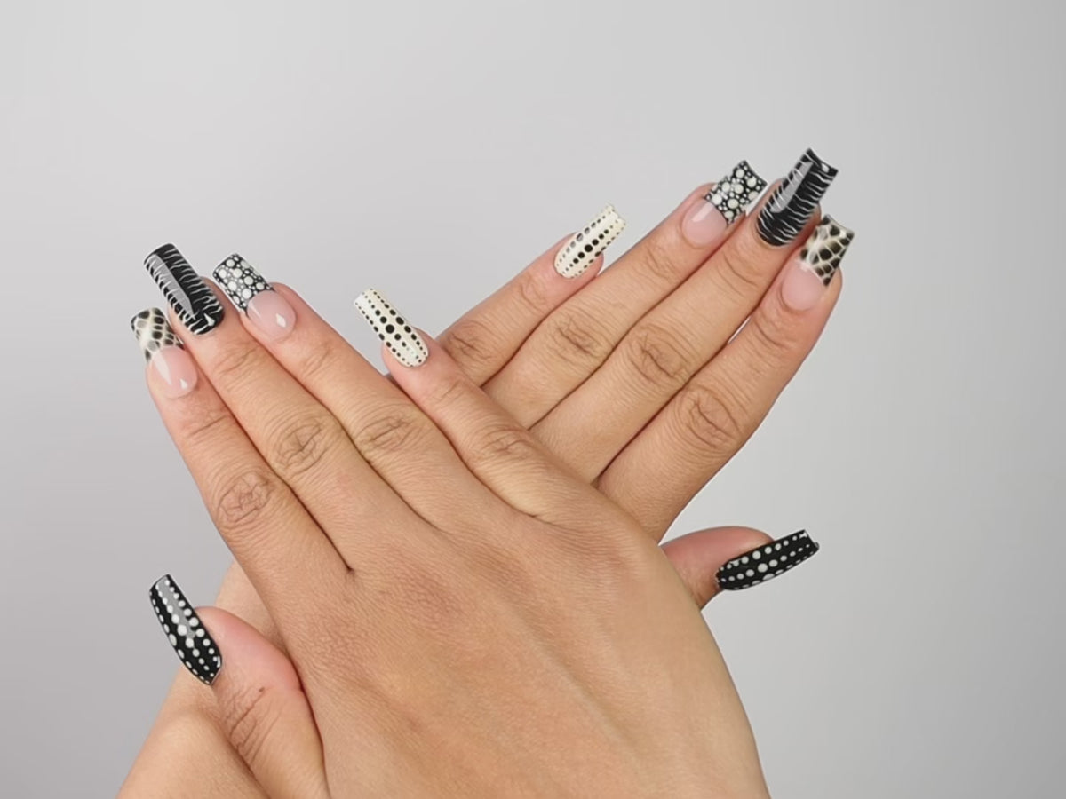 WILD ETIQUETTE, square press-on nails, medium length, animal print, French tip, polka dots, video