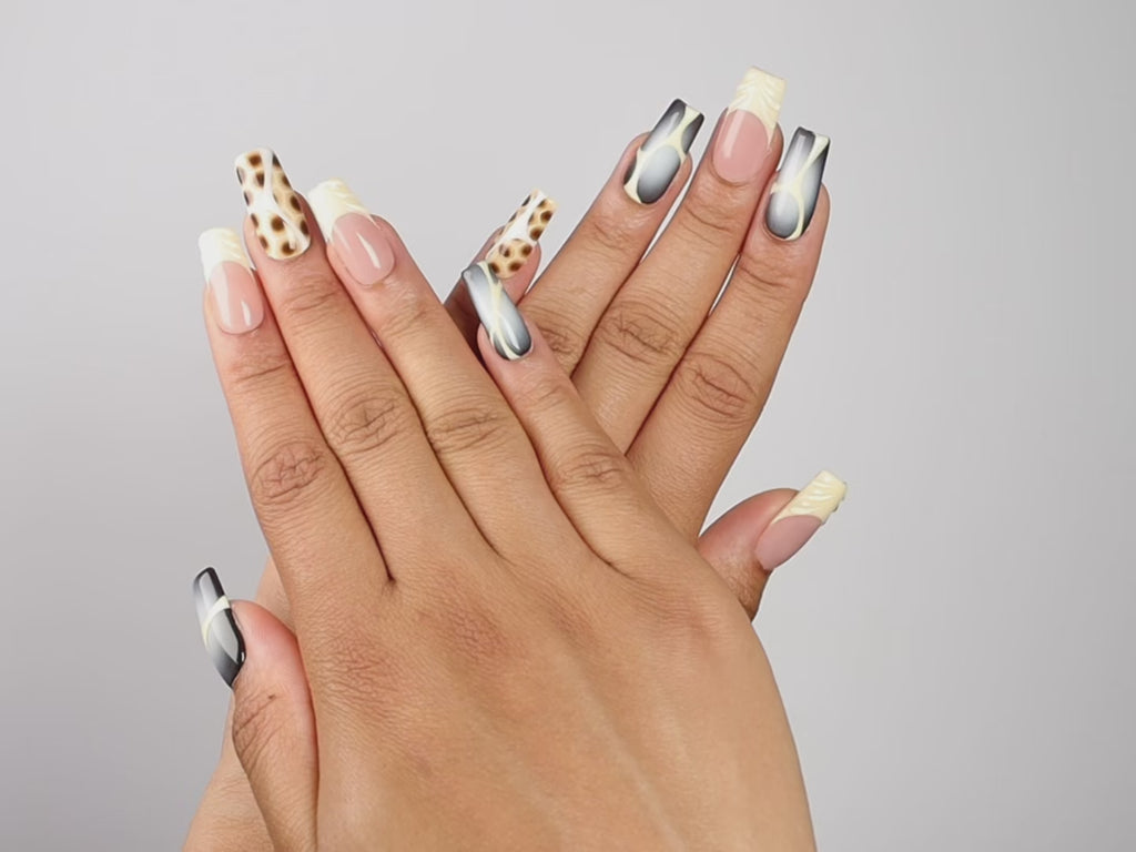 SMOKE SIGNAL, square press-on nails, medium length, animal print, French tip, fade, video