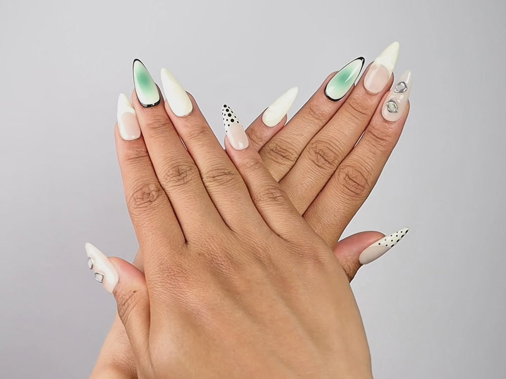 STILL LIFE, stiletto press-on nails, medium length, 3D, fade, polka dots, video