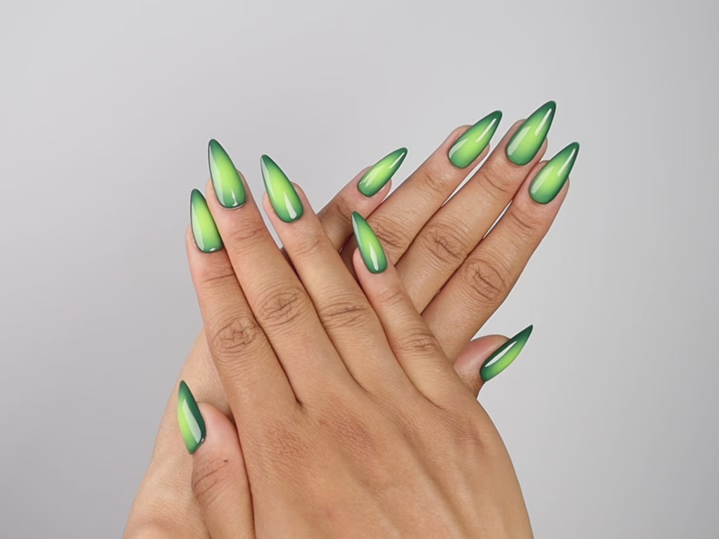 NIGHT VISION, stiletto press-on nails, medium length, fade, video