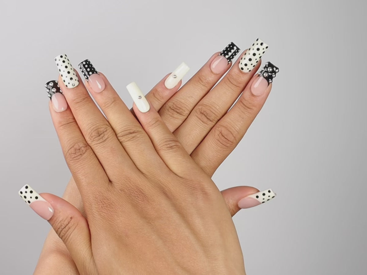 DOMINO, square press-on nails, medium length, 3D, French tip, polka dots, video