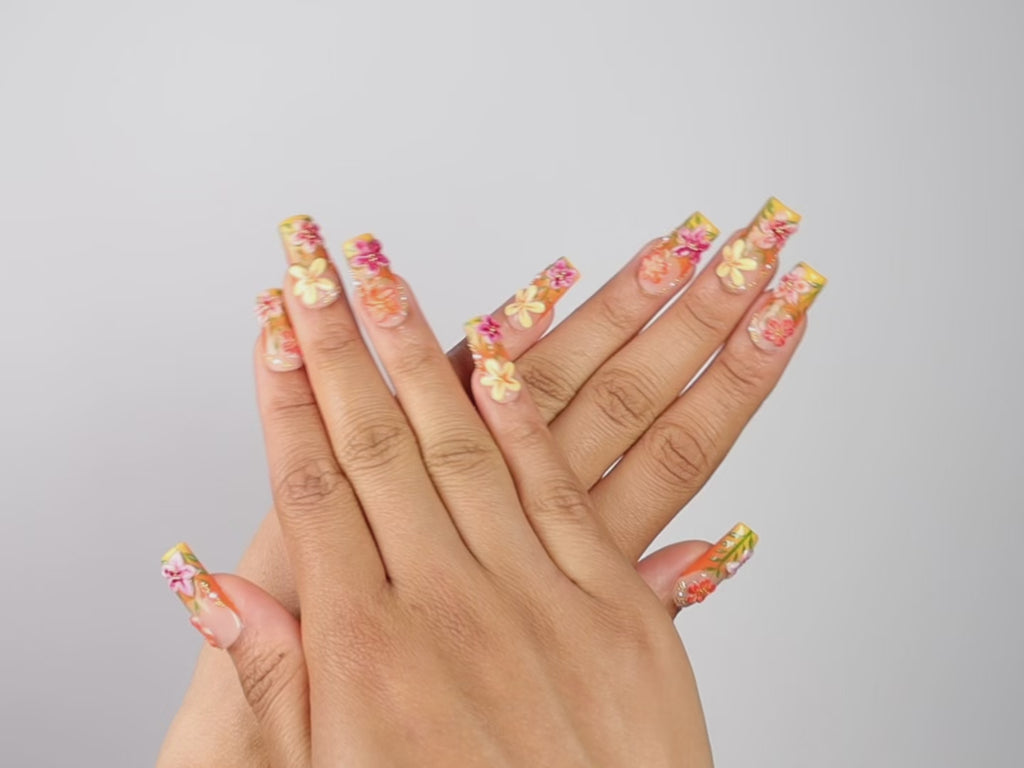 LATE BLOOMER, square press-on nails, medium length, 3D, video