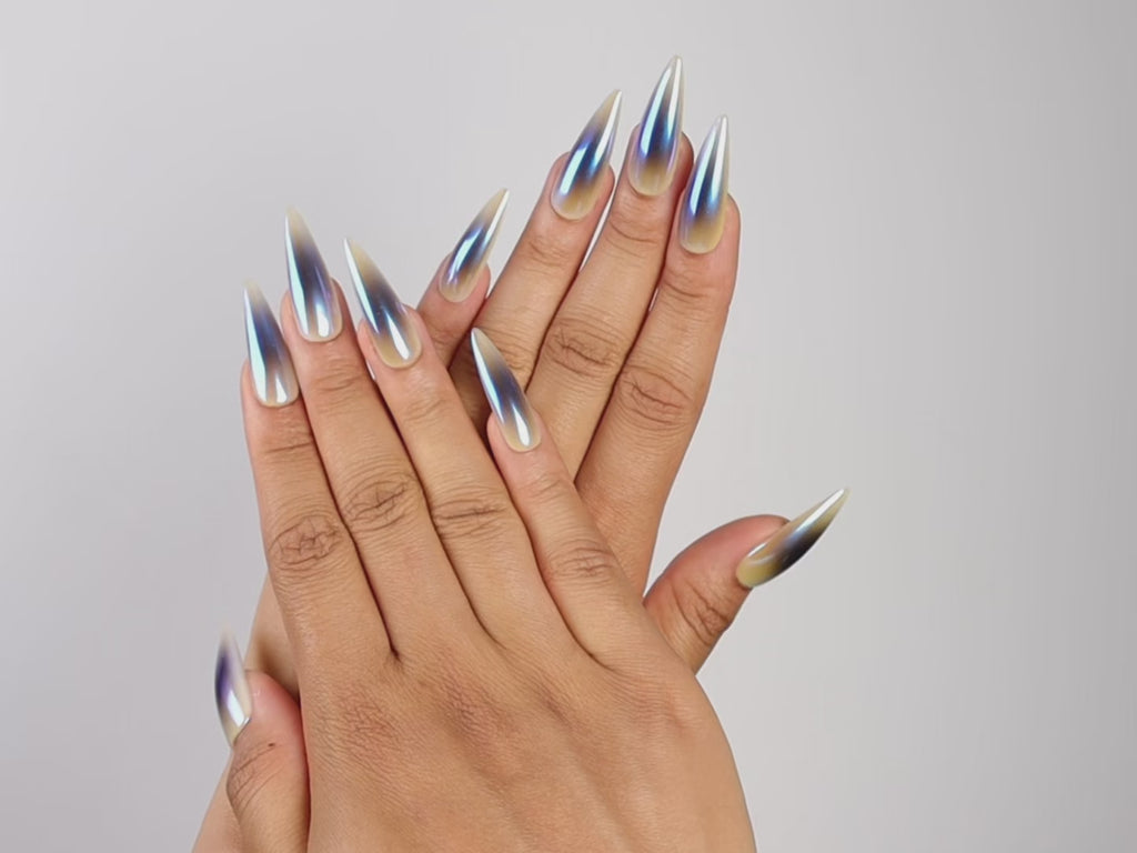 PRIVATE CALL, stiletto press-on nails, long length, chrome, fade, video
