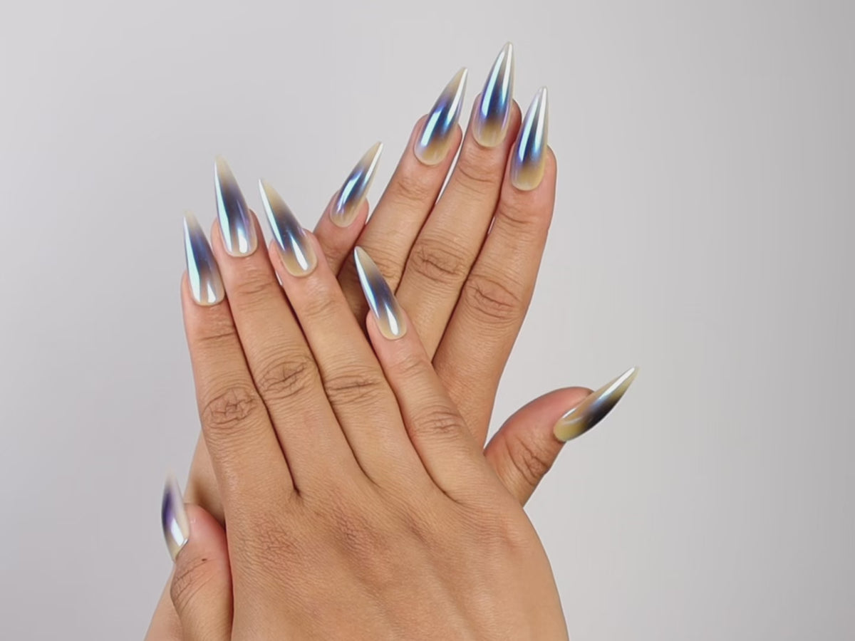 PRIVATE CALL, stiletto press-on nails, long length, chrome, fade, video
