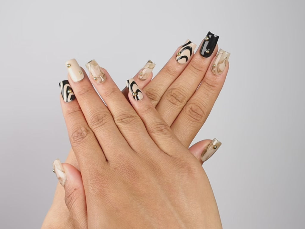 MARBLE ARCH, square press-on nails, medium length, 3D, video