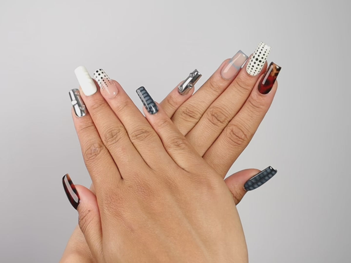 MUSE, square press-on nails, medium length, 3D, animal print, chrome, polka dots, video