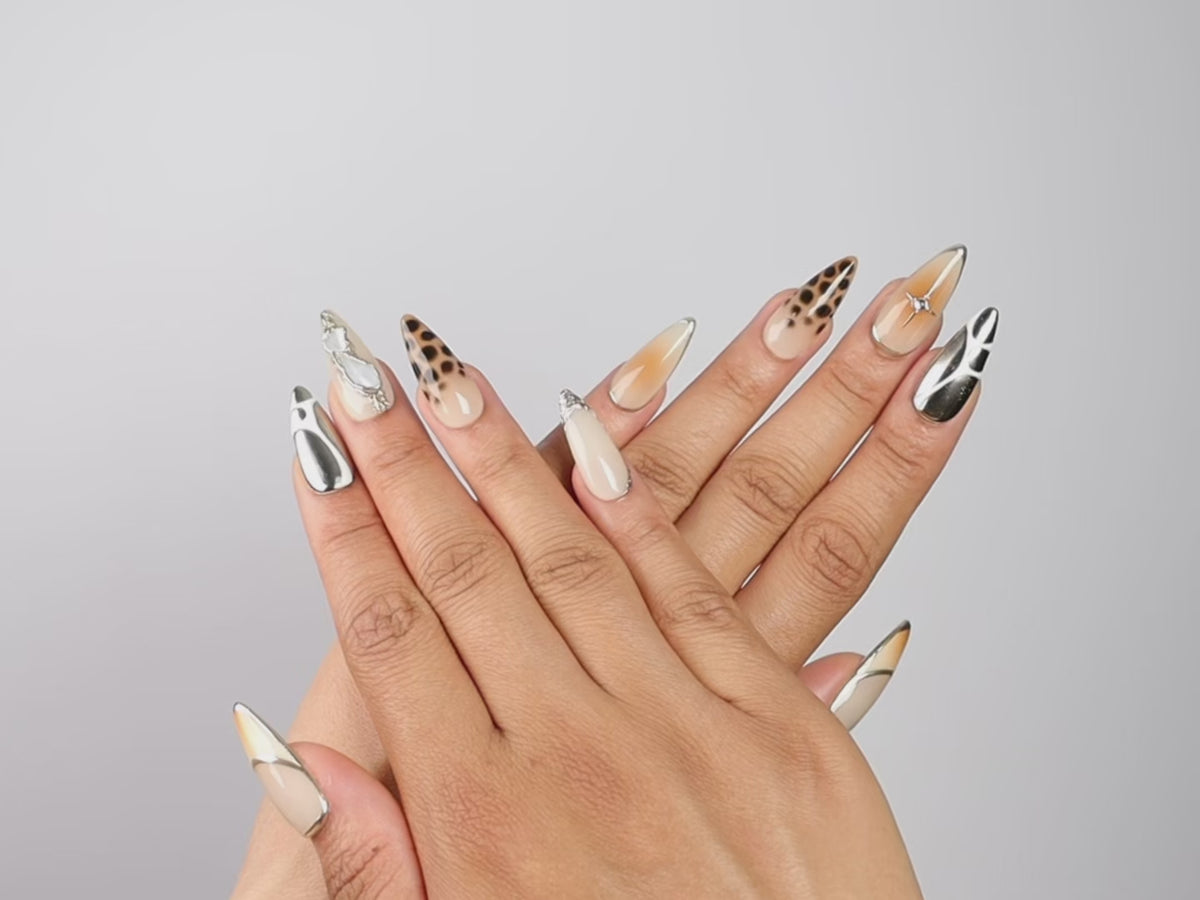 SUNDAY SAFARI, stiletto press-on nails, medium length, animal print, chrome, fade, video