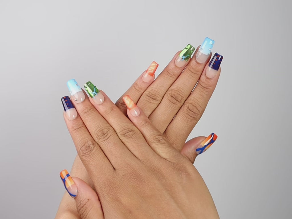 POLARITY, square press-on nails, medium length, 3D, French tip, fade, polka dots, video