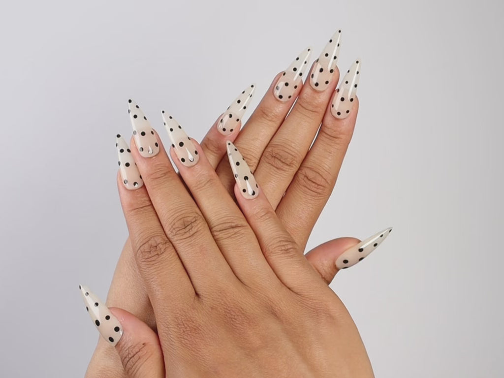 CC ME, stiletto press-on nails, long length, polka dots, video