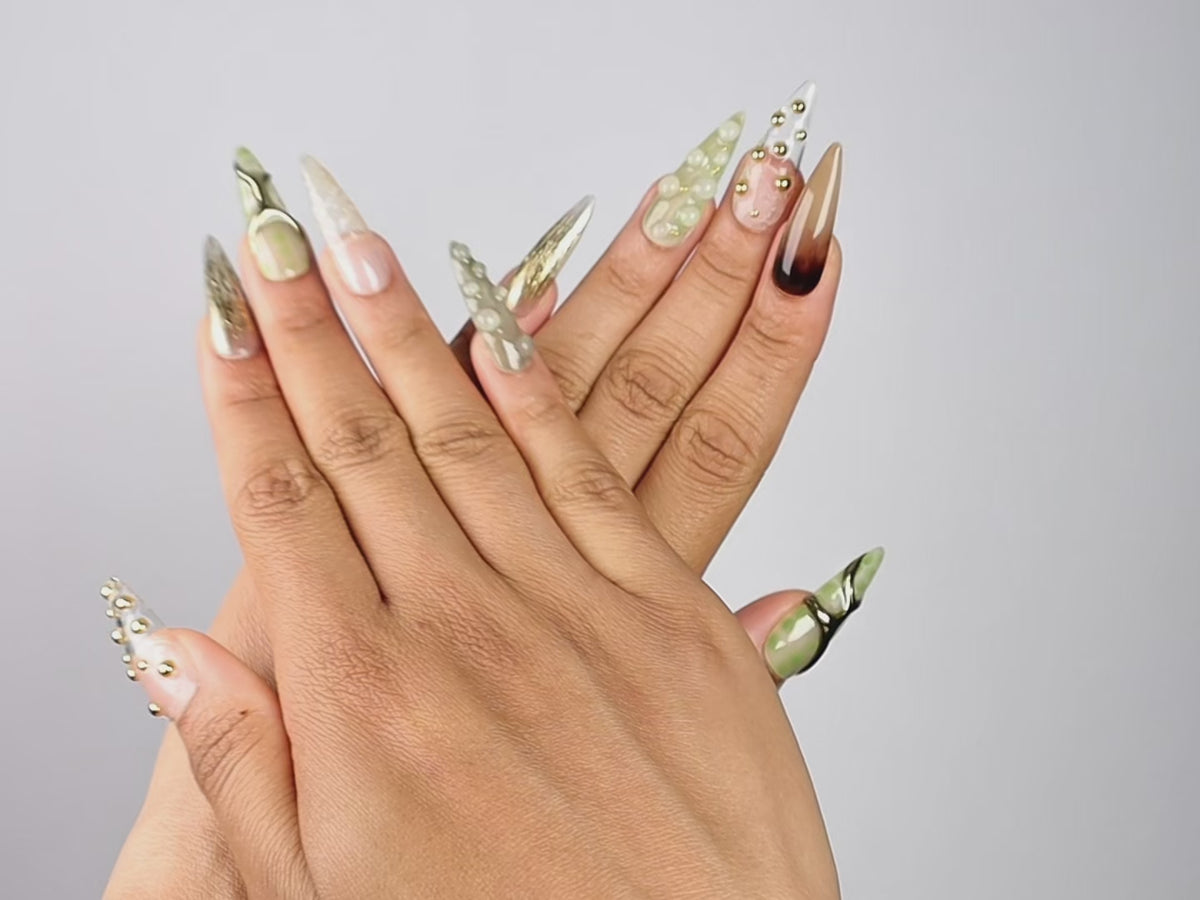 GREENHOUSE, press on nails stiletto, longueur longue, 3D, vidéo