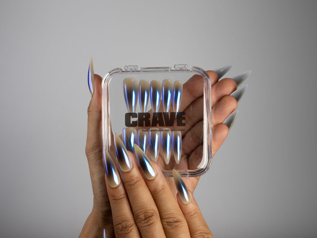 PRIVATE CALL, stiletto press-on nails, long length, chrome, fade, view 5
