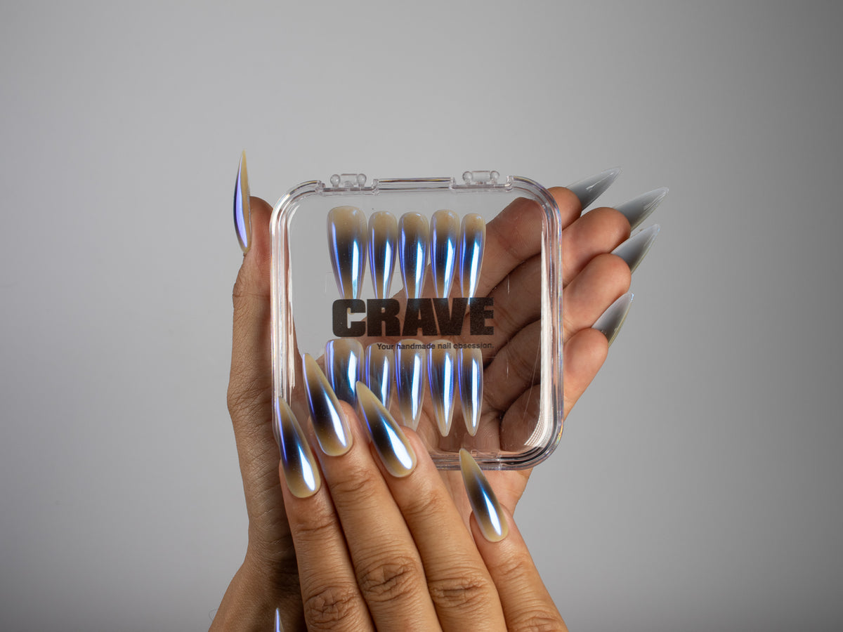 PRIVATE CALL, stiletto press-on nails, long length, chrome, fade, view 5
