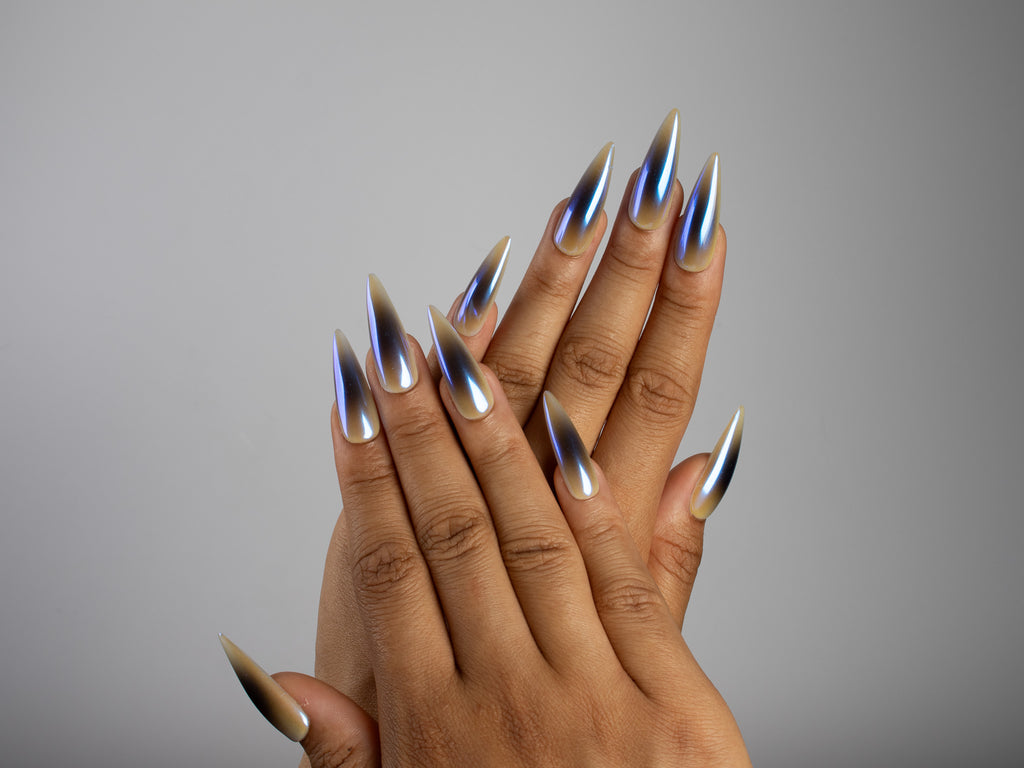 PRIVATE CALL, stiletto press-on nails, long length, chrome, fade, view 6