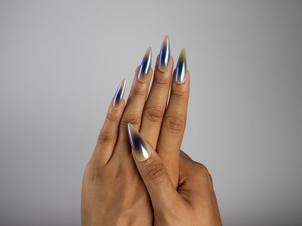 PRIVATE CALL, stiletto press-on nails, long length, chrome, fade, view 7