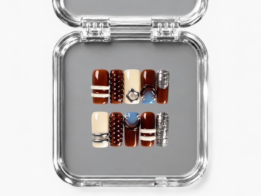 SADDLE, square press-on nails, medium length, 3D, chrome, view 4