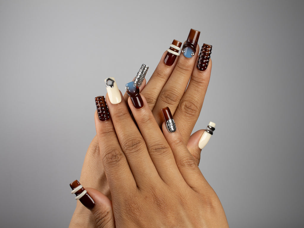 SADDLE, square press-on nails, medium length, 3D, chrome, view 6