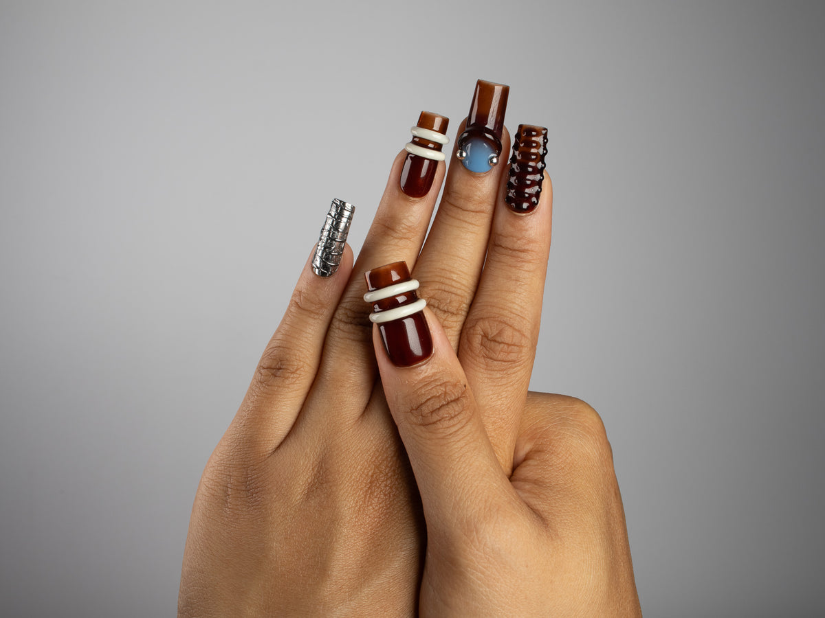 SADDLE, square press-on nails, medium length, 3D, chrome, view 7