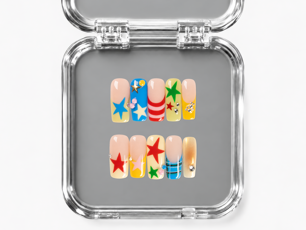 SHOW AND TELL, square press-on nails, medium length, 3D, French tip, view 4