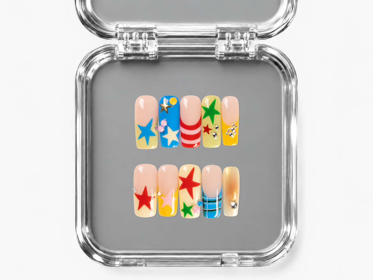 SHOW AND TELL, square press-on nails, medium length, 3D, French tip, view 4