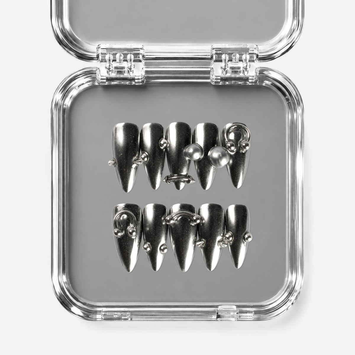 SILVER TROUBLE, stiletto press-on nails, medium length, 3D, chrome, view 1