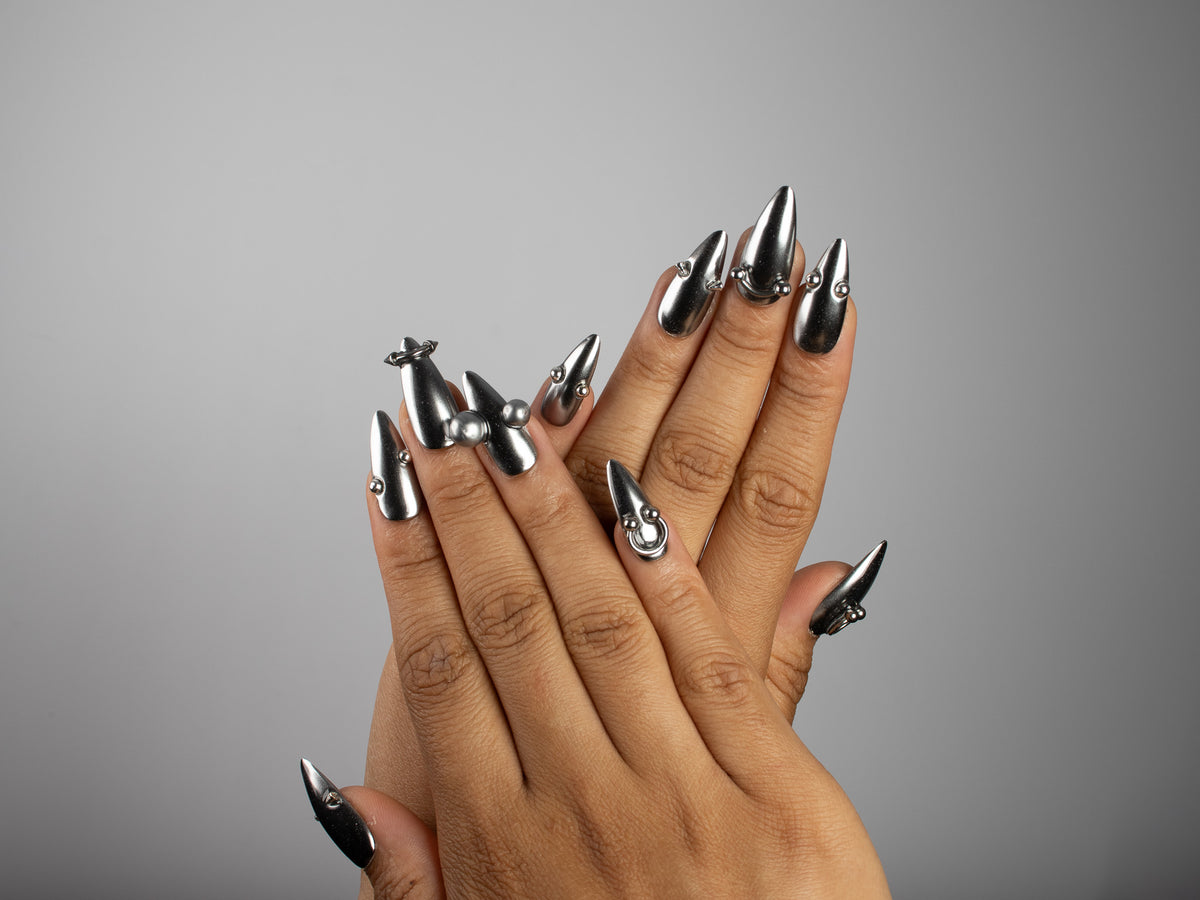 SILVER TROUBLE, stiletto press-on nails, medium length, 3D, chrome, view 6