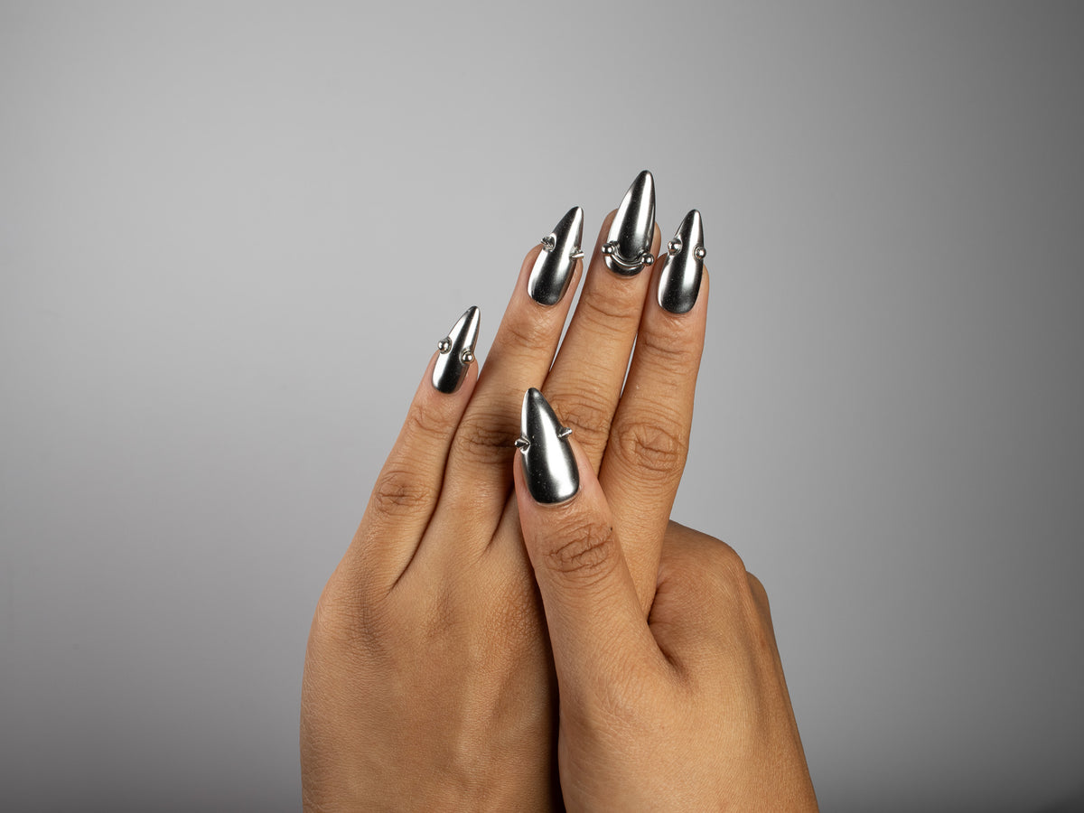 SILVER TROUBLE, stiletto press-on nails, medium length, 3D, chrome, view 7