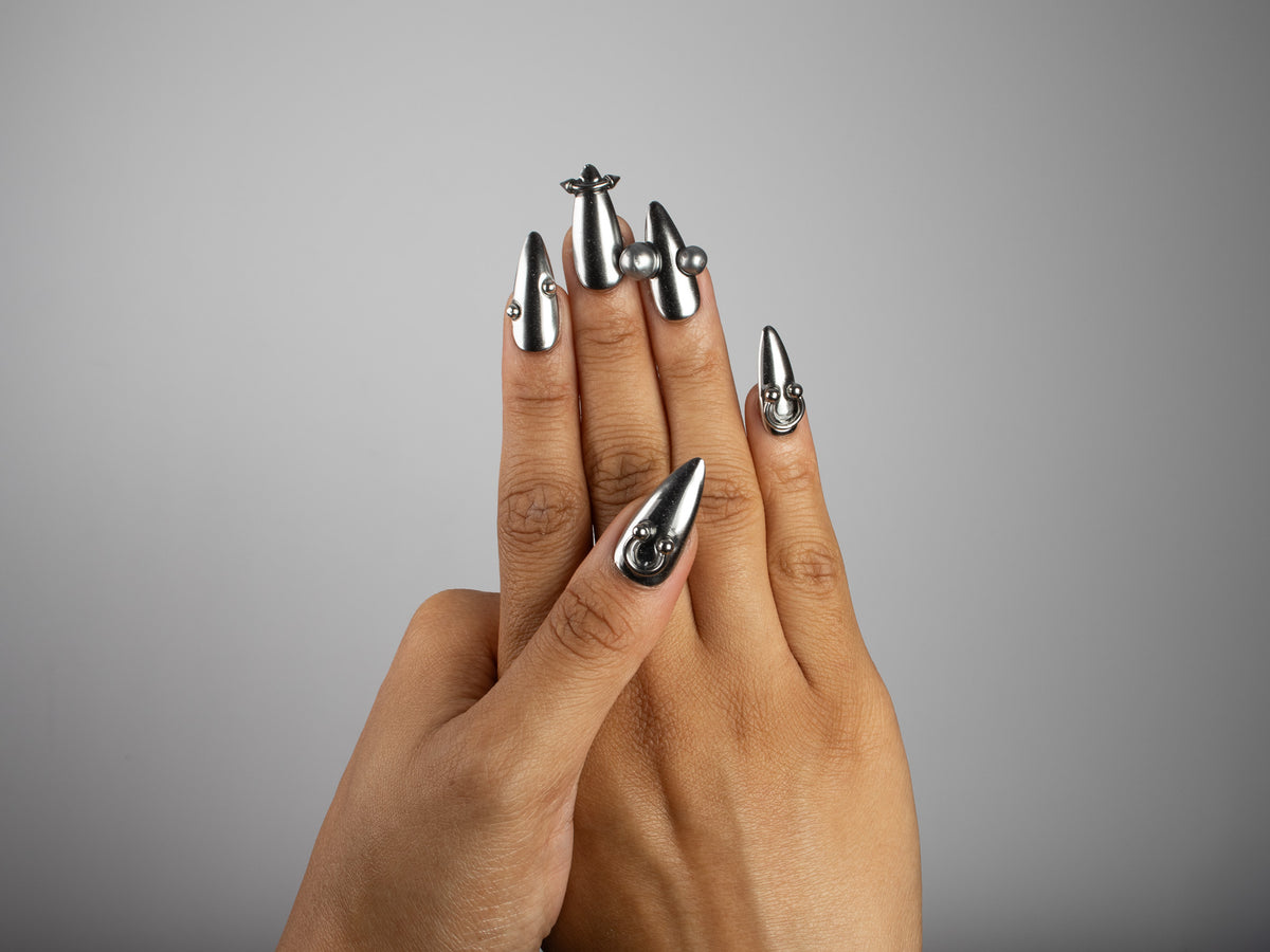 SILVER TROUBLE, stiletto press-on nails, medium length, 3D, chrome, view 8