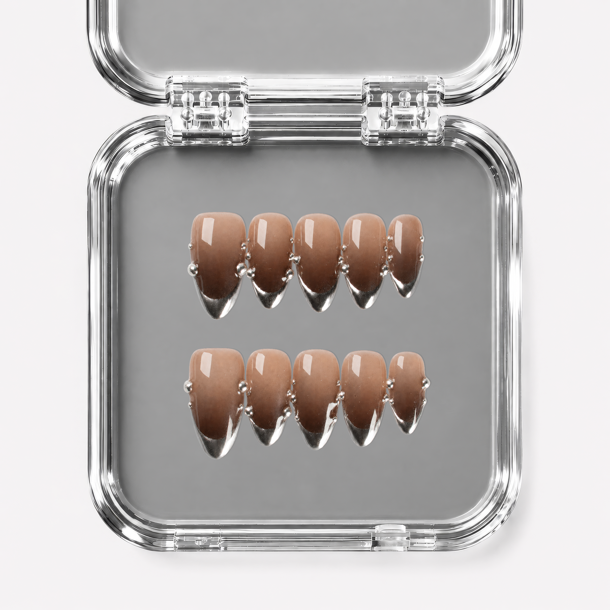 SLOW MELT, almond press-on nails, medium length, 3D, chrome, fade, view 1