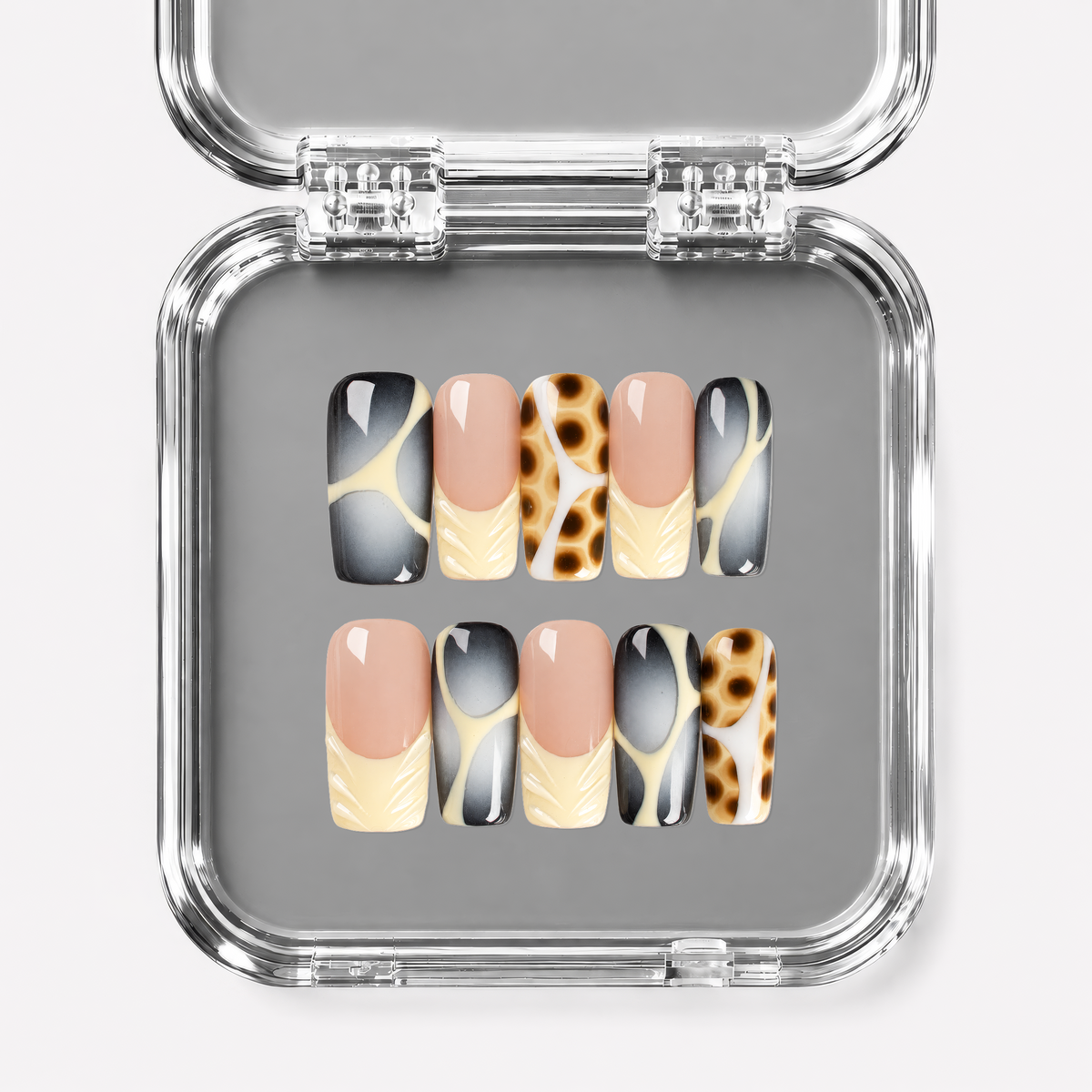 SMOKE SIGNAL, square press-on nails, medium length, animal print, French tip, fade, view 1