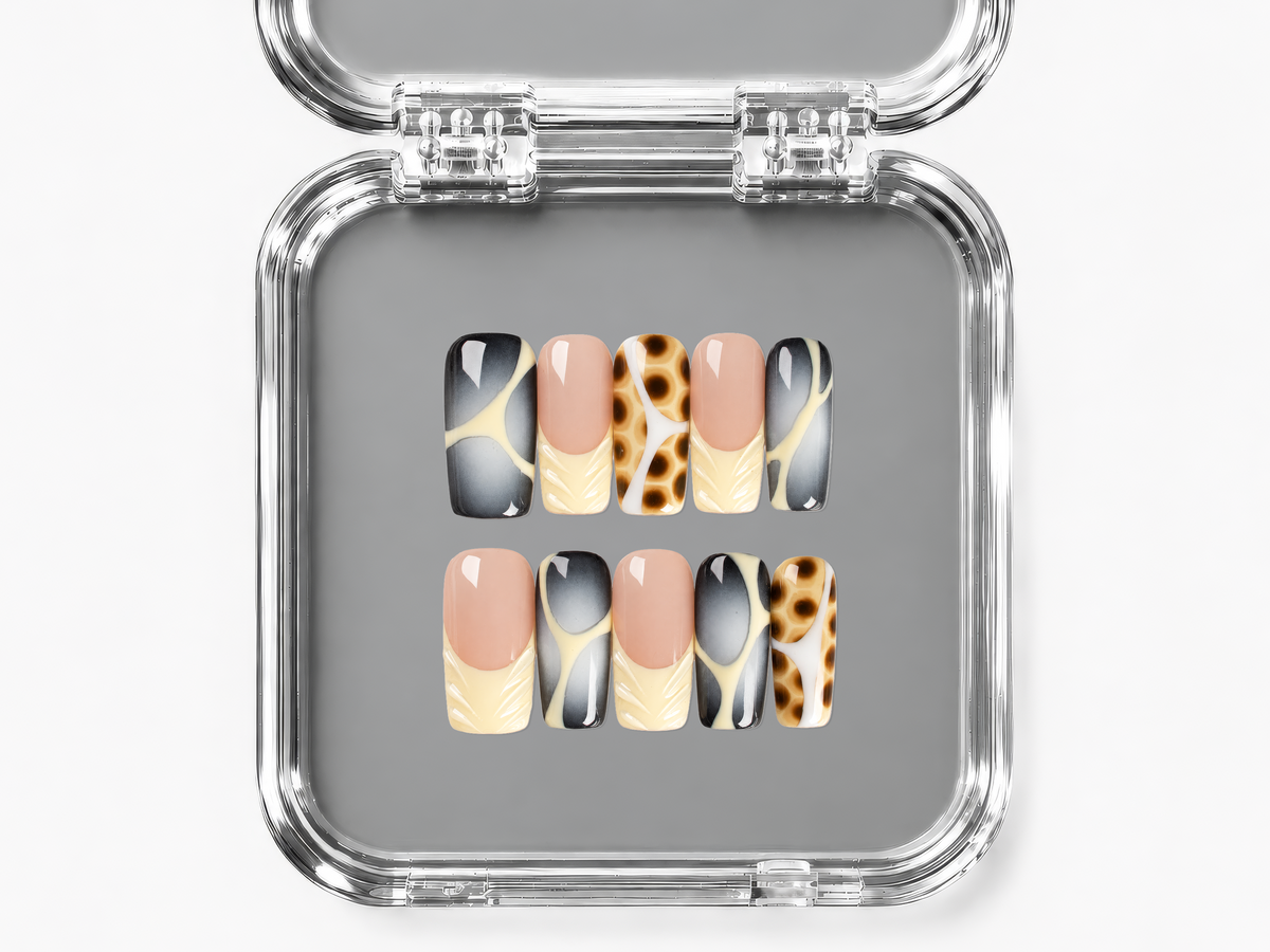 SMOKE SIGNAL, square press-on nails, medium length, animal print, French tip, fade, view 4