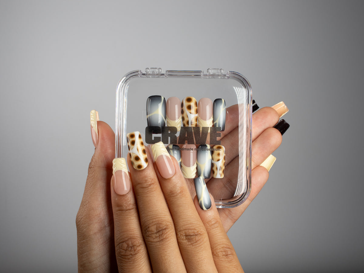 SMOKE SIGNAL, square press-on nails, medium length, animal print, French tip, fade, view 5